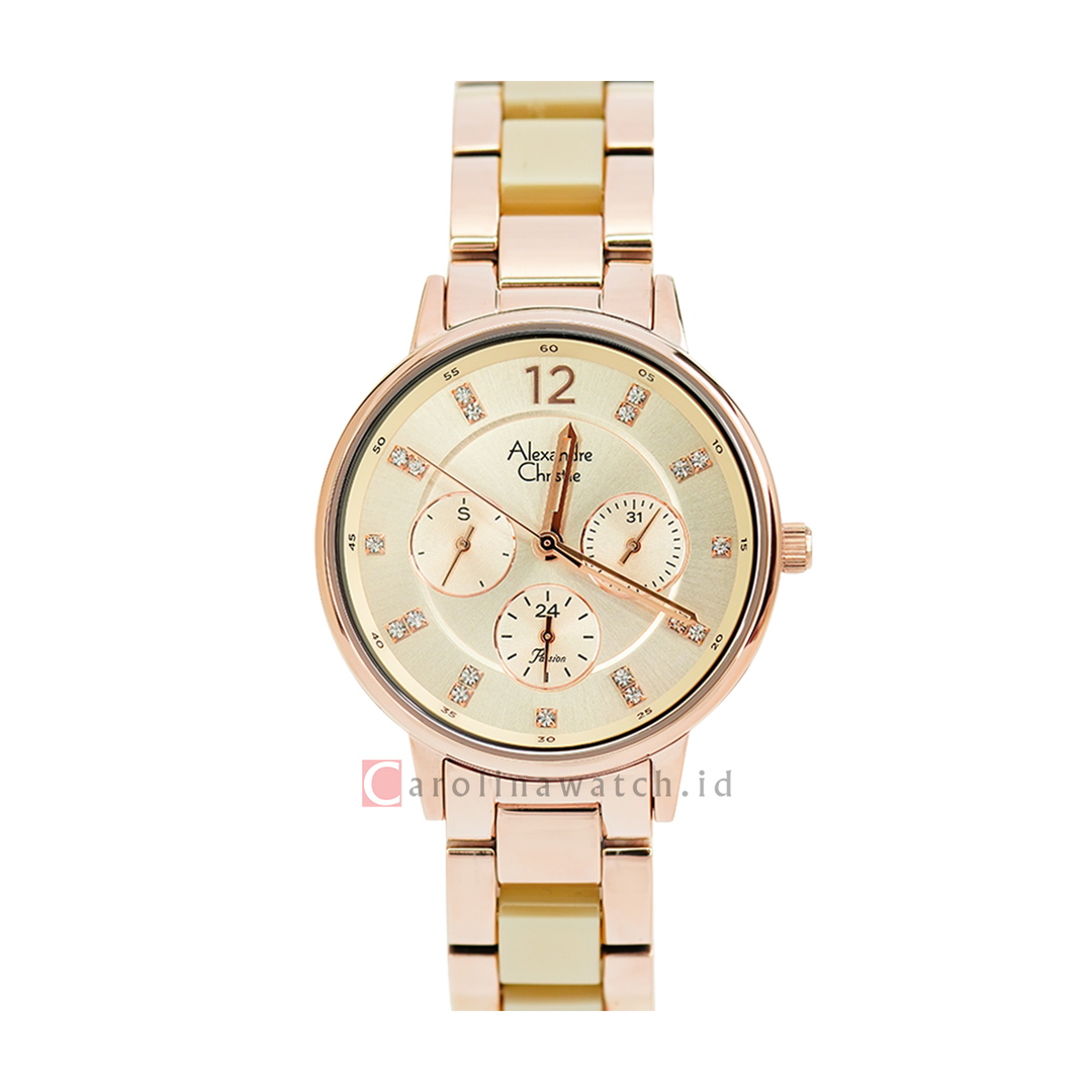 Jam Tangan Alexandre Christie Passion AC 2933 BFBRGRG Women Rose Gold Dial Dual Tone Stainless Steel Ceramic Strap