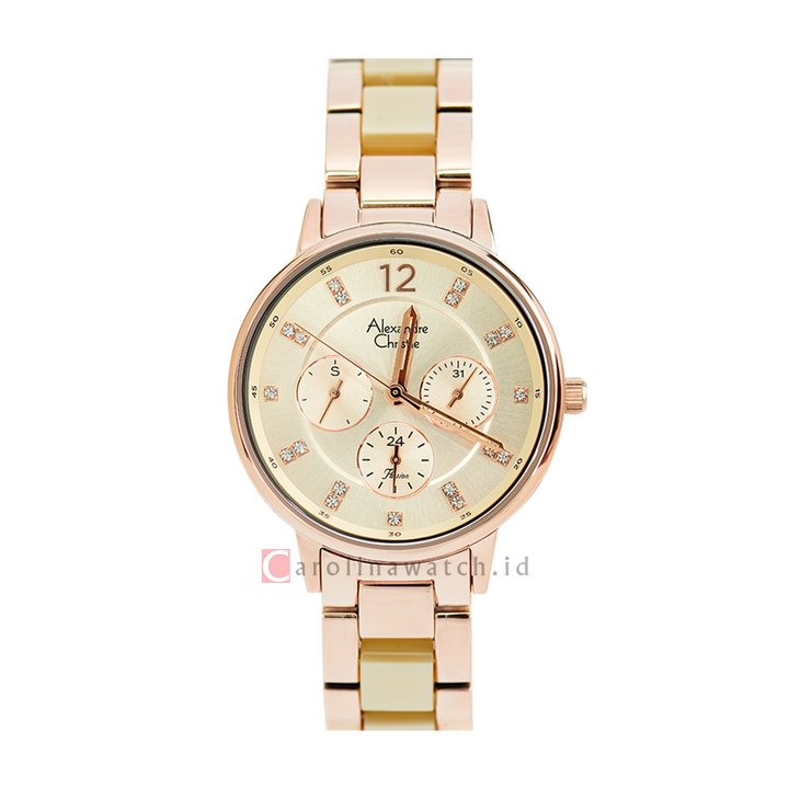 Jam Tangan Alexandre Christie Passion AC 2933 BFBRGRG Women Rose Gold Dial Dual Tone Stainless Steel Ceramic Strap
