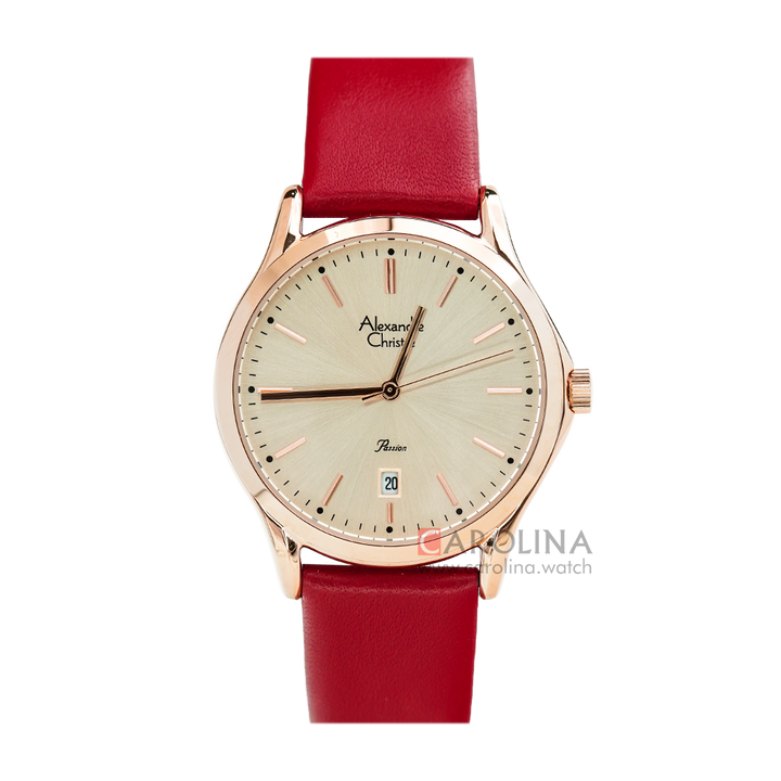 Jam Tangan Alexandre Christie Passion AC 2969 LDLRGLN Women Champagne Dial Red Leather Strap