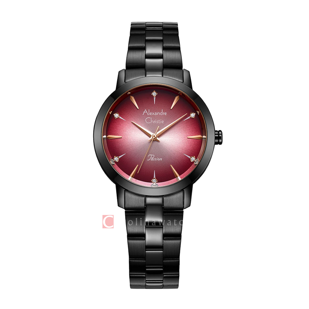 Jam Tangan Alexandre Christie Passion AC 2975 BHBIPRERG Women Sunray Red Dial Black Stainless Steel Strap