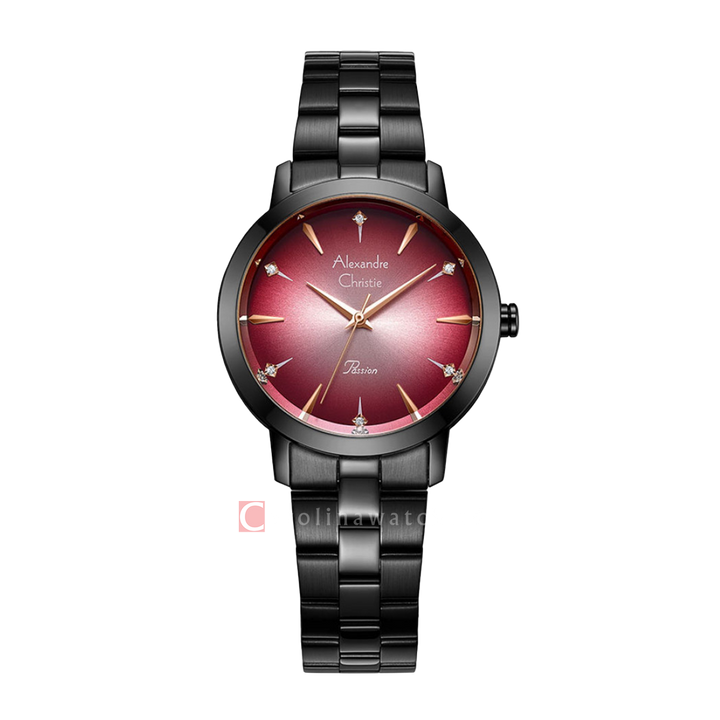 Jam Tangan Alexandre Christie Passion AC 2975 BHBIPRERG Women Sunray Red Dial Black Stainless Steel Strap