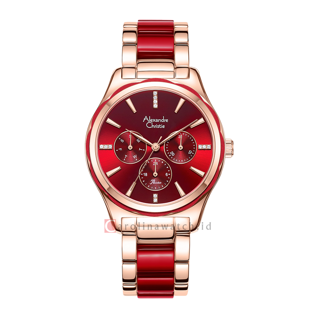 Jam Tangan Alexandre Christie Multifunction AC 2994 BFBRGRERE Women Red Dial Dual Tone Stainless Steel Strap