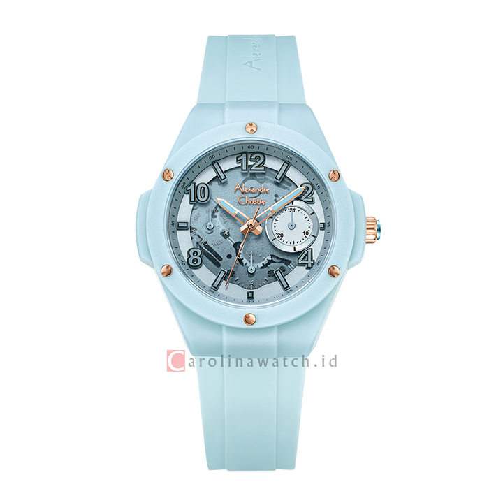 Jam Tangan Alexandre Christie Classic AC 2A02 BFRRGLB Women Skeleton Dial Aqua Blue Rubber Strap