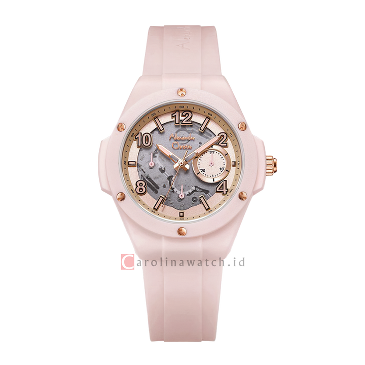 Jam Tangan Alexandre Christie AC 2A02 BFRRGPN Women Pink Analog Dial Pink Rubber Strap