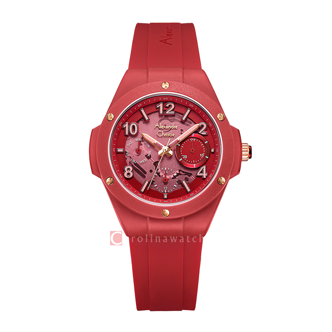 Jam Tangan Alexandre Christie AC 2A02 BFRRGRE Women Skeleton Dial Red Rubber Strap