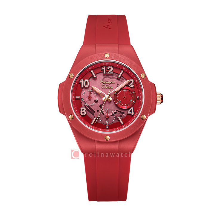 Jam Tangan Alexandre Christie AC 2A02 BFRRGRE Women Skeleton Dial Red Rubber Strap