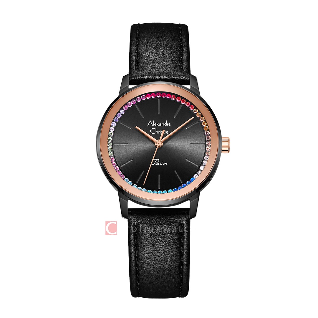 Jam Tangan Alexandre Christie Passion AC 2A06 LHLBRBA Women Black Dial Black Leather Strap