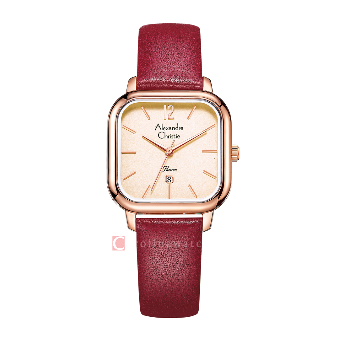 Jam Tangan Alexandre Christie AC 2A13 LDLRGRG Women Rose Gold Red Leather Strap