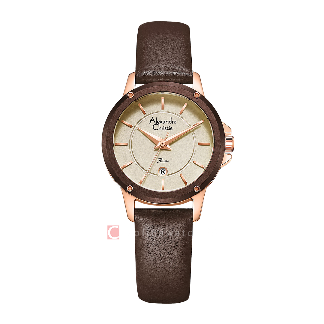 Jam Tangan Alexandre Christie Passion AC 2A17 LDLRGGRBO Women Brown Dial Brown Leather Strap