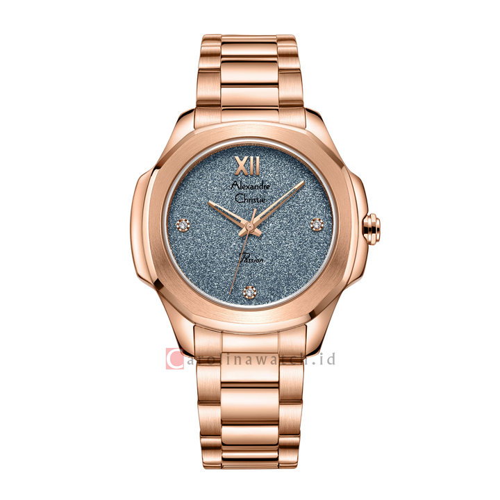 Jam Tangan Alexandre Christie Passion AC 2A28 LHBRGBU Women Blue Glitter Dial Rose Gold Stainless Steel Strap