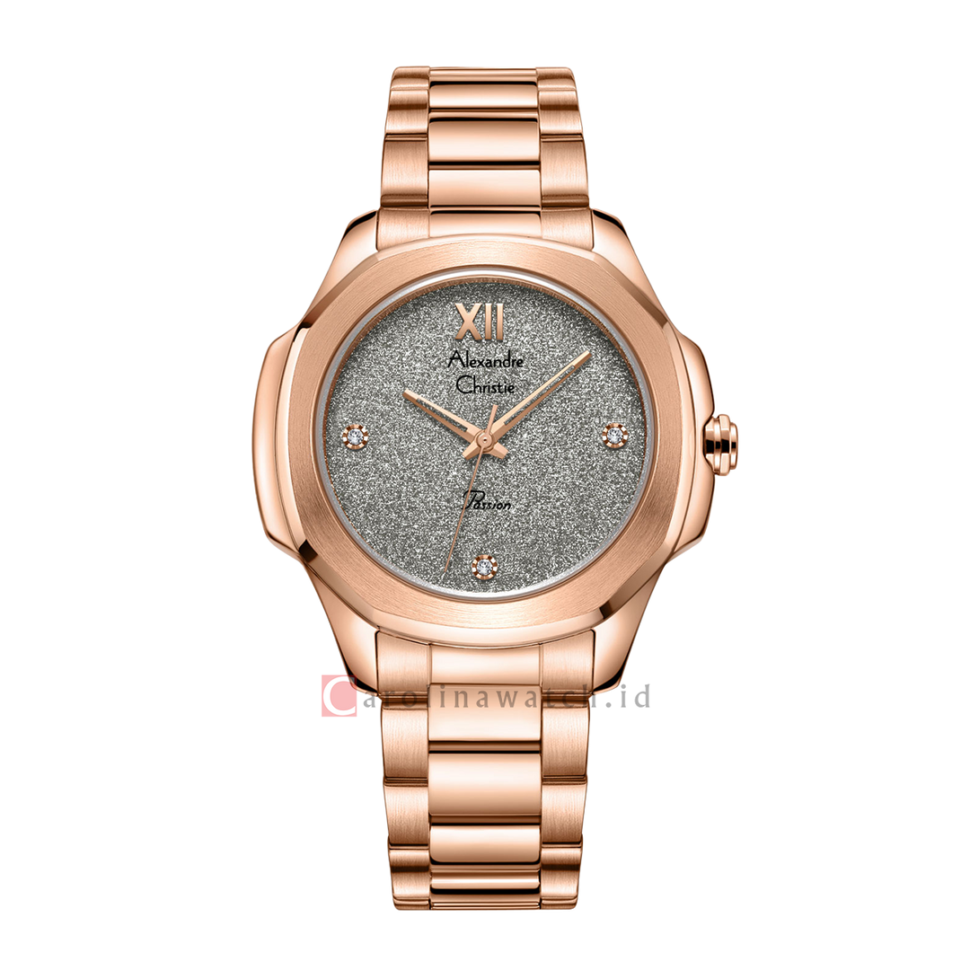 Jam Tangan Alexandre Christie Passion AC 2A28 LHBRGDG Women Grey Glitter Dial Rose Gold Stainless Steel Strap