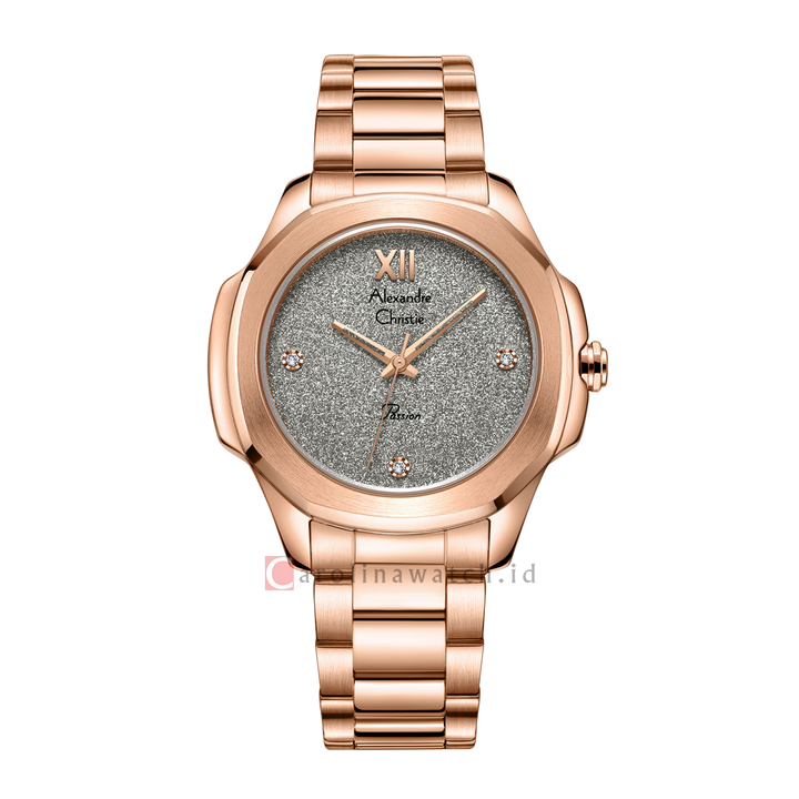 Jam Tangan Alexandre Christie Passion AC 2A28 LHBRGDG Women Grey Glitter Dial Rose Gold Stainless Steel Strap