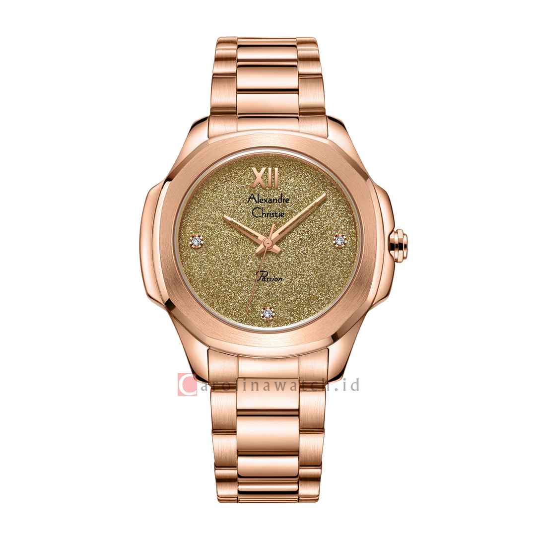 Jam Tangan Alexandre Christie Passion AC 2A28 LHBRGIV Women Olive Green Glitter Dial Rose Gold Stainless Steel Strap