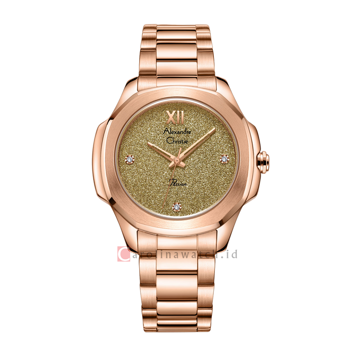 Jam Tangan Alexandre Christie Passion AC 2A28 LHBRGIV Women Olive Green Glitter Dial Rose Gold Stainless Steel Strap