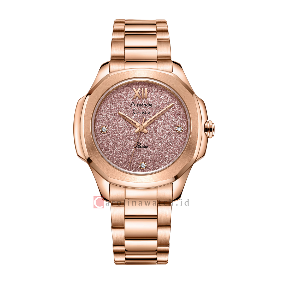 Jam Tangan Alexandre Christie Passion AC 2A28 LHBRGPN Women Pink Glitter Dial Rose Gold Stainless Steel Strap