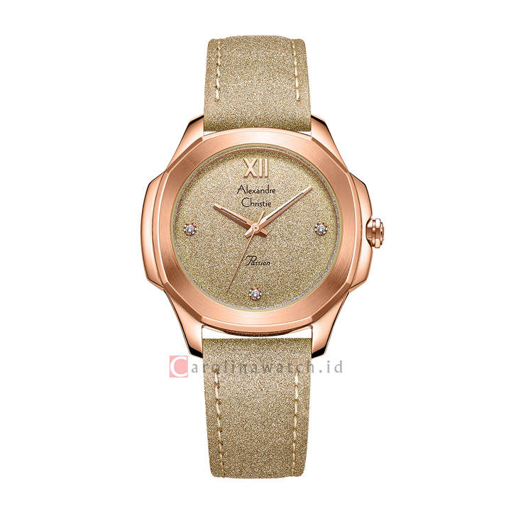 Jam Tangan Alexandre Christie Passion AC 2A28 LHLRGIV Women Olive Green Glitter Dial Olive Green Leather Strap