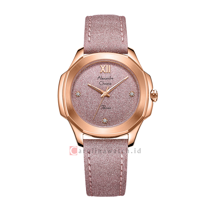 Jam Tangan Alexandre Christie Passion AC 2A28 LHLRGPN Women Pink Glitter Dial Pink Leather Strap