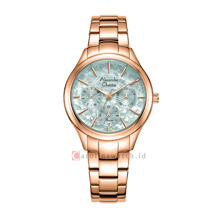 Jam Tangan Alexandre Christie Passion AC 2A37 BFBRGBU Women Light Blue Pattern Dial Rose Gold Stainless Steel Strap