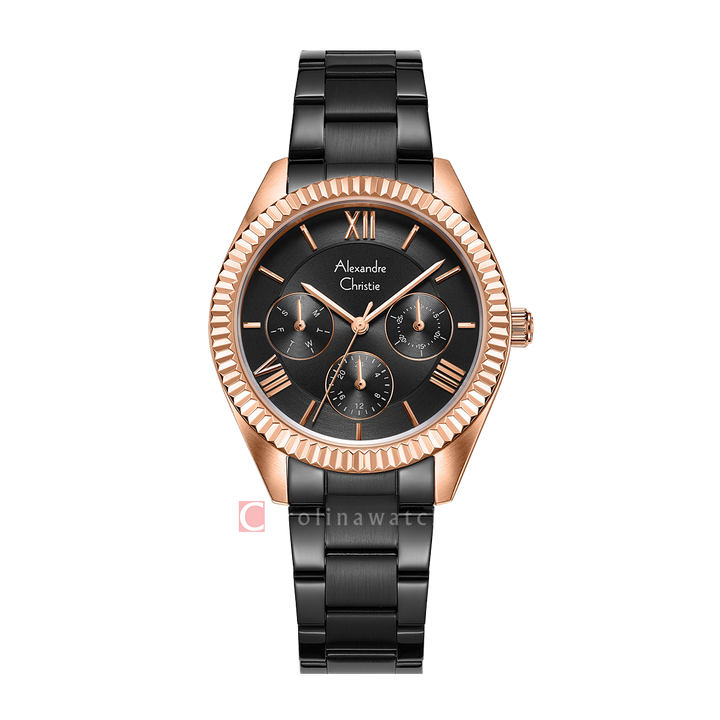 Jam Tangan Alexandre Christie Fashion AC 2A44 BFBBRBA Multifunction Women Black Dial Black Stainless Steel Strap