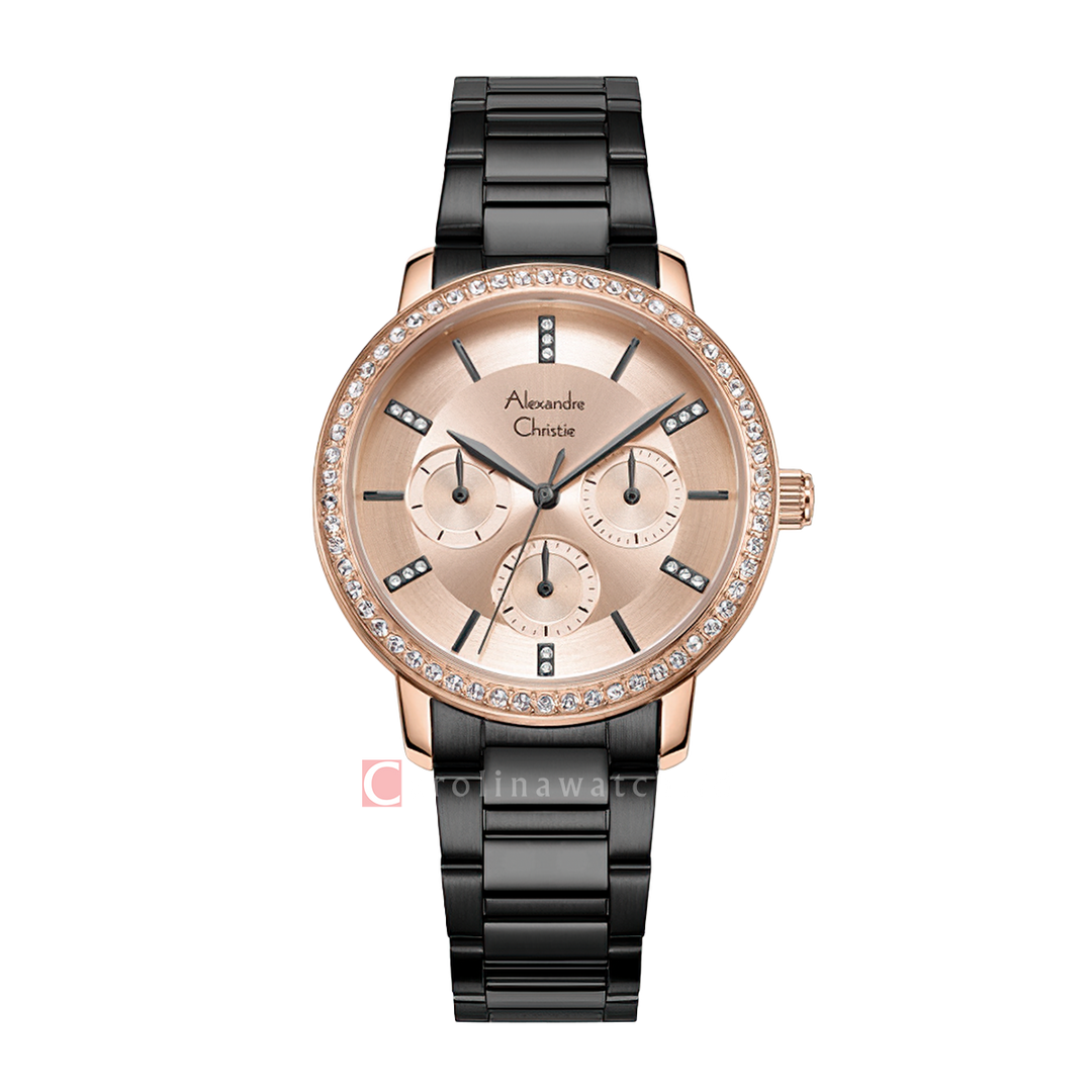 Jam Tangan Alexandre Christie Multifunction AC 2A47 BFBGRLN Women Rose Gold Dial Black Stainless Steel Strap