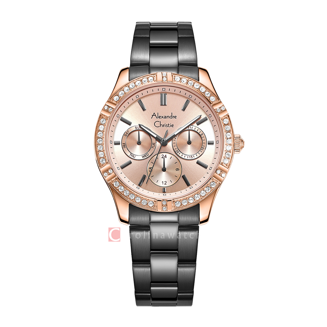 Jam Tangan Alexandre Christie AC 2A51 BFBGRLN Women Rose Gold Dial Black Stainless Steel Strap