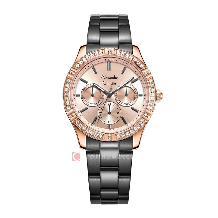 Jam Tangan Alexandre Christie AC 2A51 BFBGRLN Women Rose Gold Dial Black Stainless Steel Strap