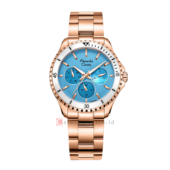 Jam Tangan Alexandre Christie Multifunction AC 2A54 BFBRGLBSL Women Blue Dial Rose Gold Stainless Steel Strap