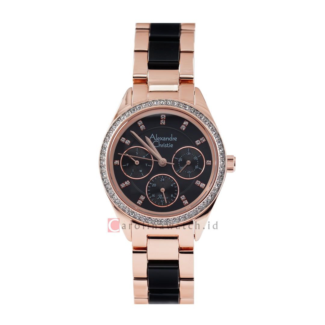 Jam Tangan Alexandre Christie AC 2A60 BFBRGBA Women Black Dial Rose Gold Black Stainless Steel Strap