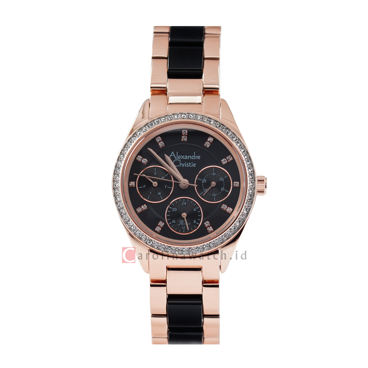 Jam Tangan Alexandre Christie AC 2A60 BFBRGBA Women Black Dial Rose Gold Black Stainless Steel Strap