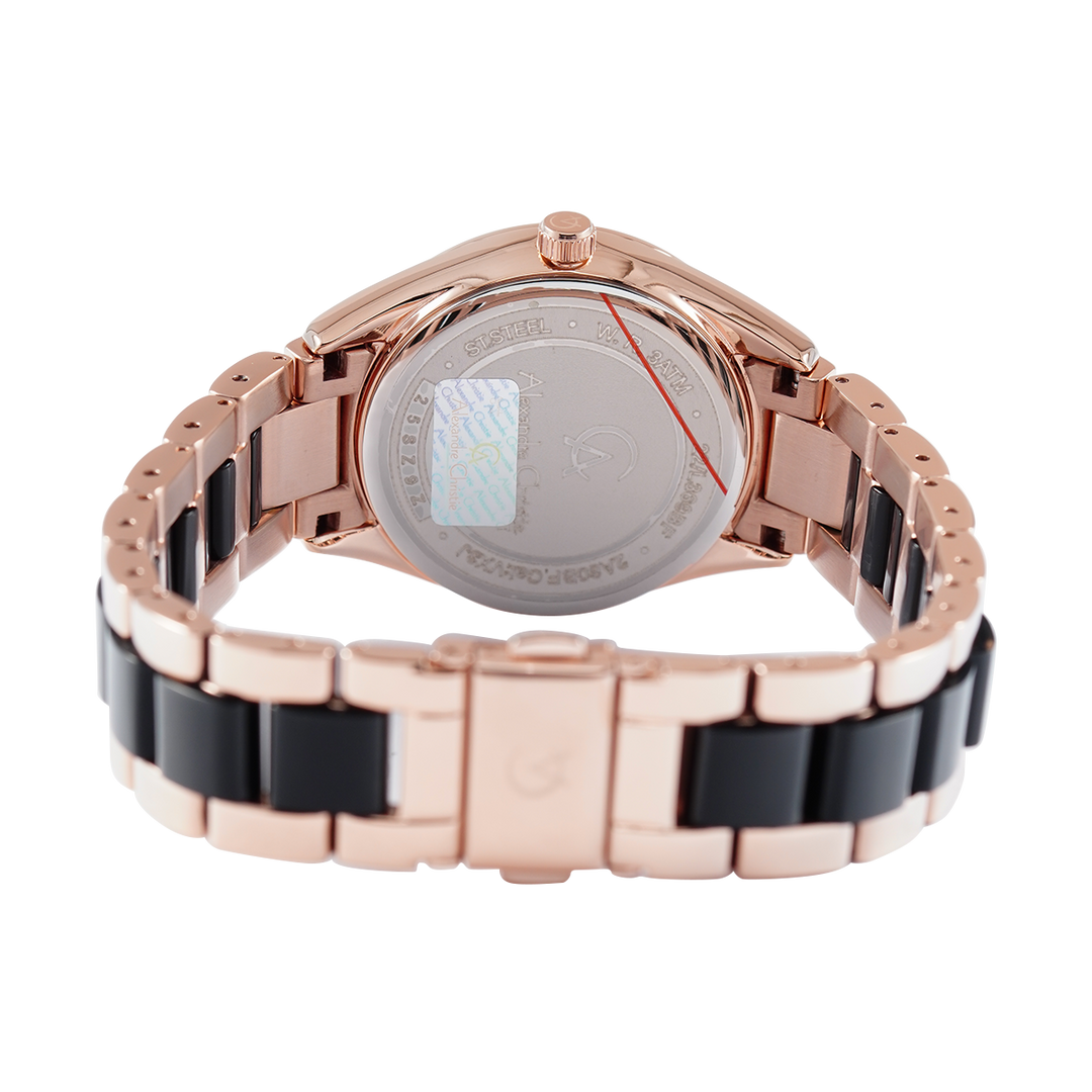 Jam Tangan Alexandre Christie AC 2A60 BFBRGBA Women Black Dial Rose Gold Black Stainless Steel Strap