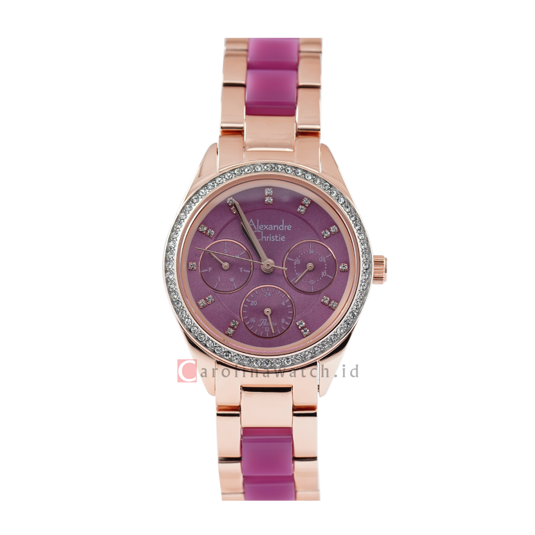 Jam Tangan Alexandre Christie AC 2A60 BFBRGPU Women Purple Dial Rose Dual Tone Stainless Steel Strap