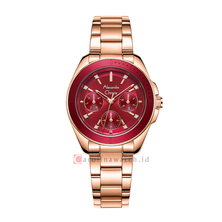 Jam Tangan Alexandre Christie Classic AC 2A68 BFBRGRE Women Red Dial Rose Gold Stainless Steel Strap