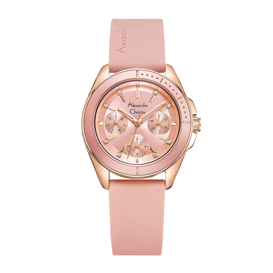 Jam Tangan Alexandre Christie Classic AC 2A68 BFRRGPN Women Pink Dial Pink Rubber Strap