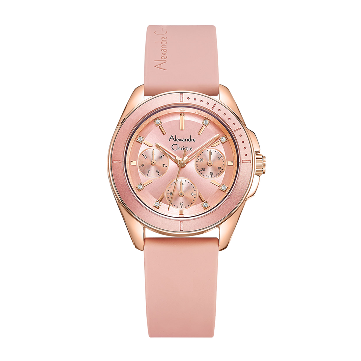 Jam Tangan Alexandre Christie Classic AC 2A68 BFRRGPN Women Pink Dial Pink Rubber Strap