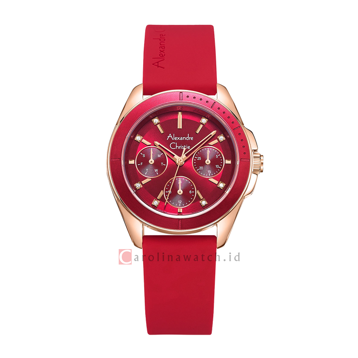 Jam Tangan Alexandre Christie Classic AC 2A68 BFRRGRE Women Red Dial Red Rubber Strap