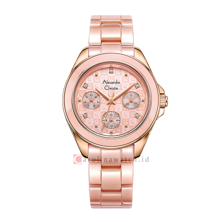 Jam Tangan Alexandre Christie Multifunction AC 2A70 BFBRGPN Women Pink Patterned Dial Pink Stainless Steel Strap