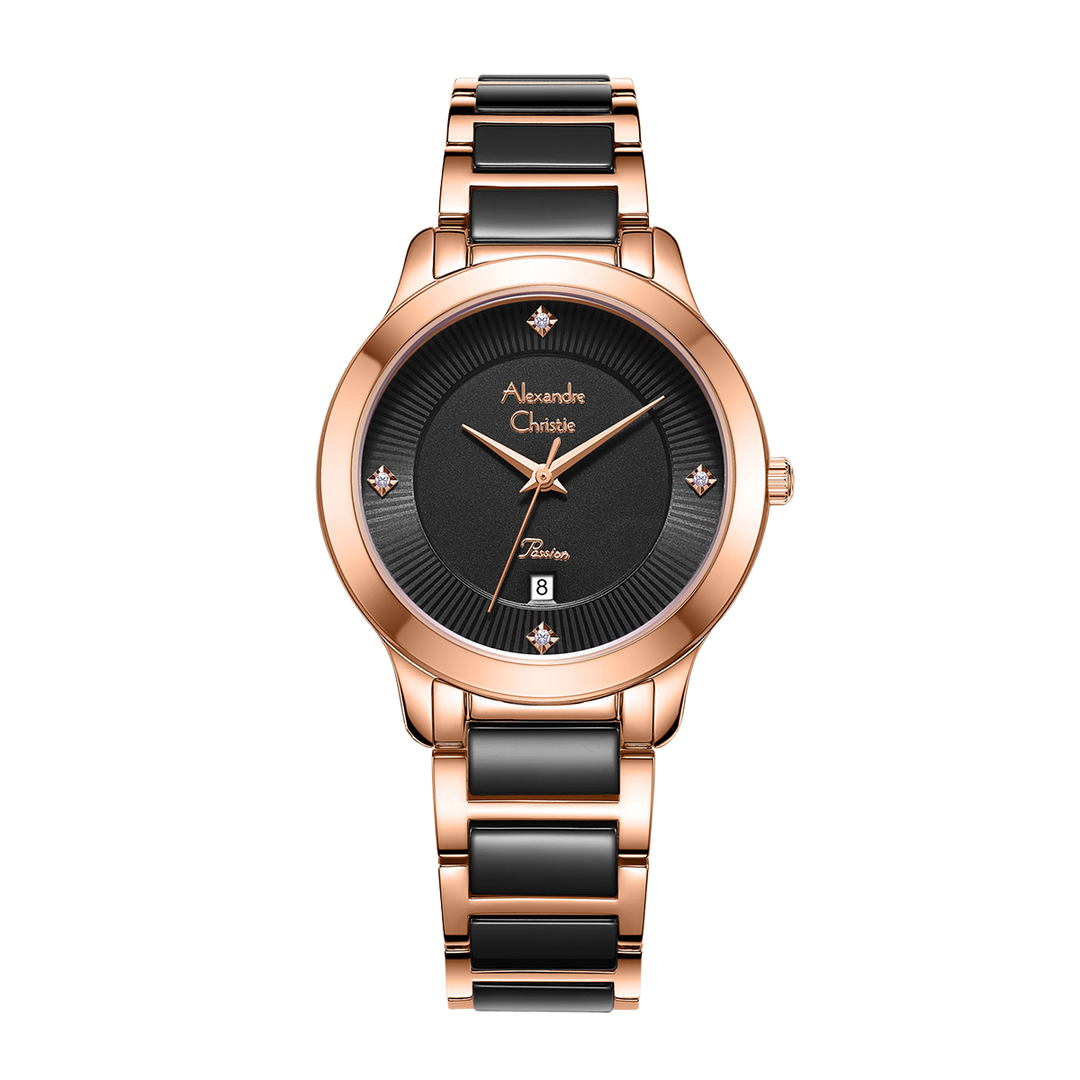 Jam Tangan Alexandre Christie Passion AC 2A71 LDBRGBA Women Black Dial Dual Tone Stainless Steel with Ceramic Strap