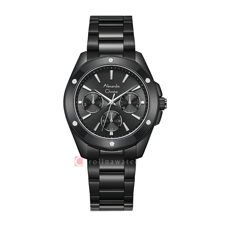 Jam Tangan Alexandre Christie Multifunction AC 2A72 BFBIPBASL Women Black Dial Black Stainless Steel Strap