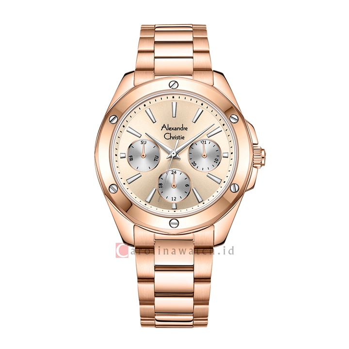 Jam Tangan Alexandre Christie Multifunction AC 2A72 BFBRGLN Women Gold Dial Rose Gold Stainless Steel Strap