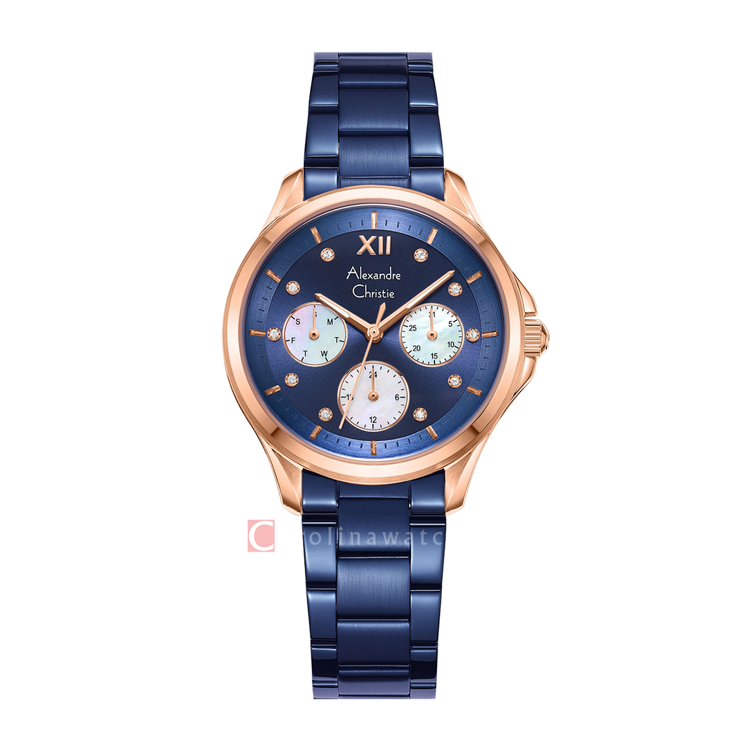 Jam Tangan Alexandre Christie Multifunction AC 2A73 BFBURBU Women Dual Tone Dial Blue Stainless Steel Strap