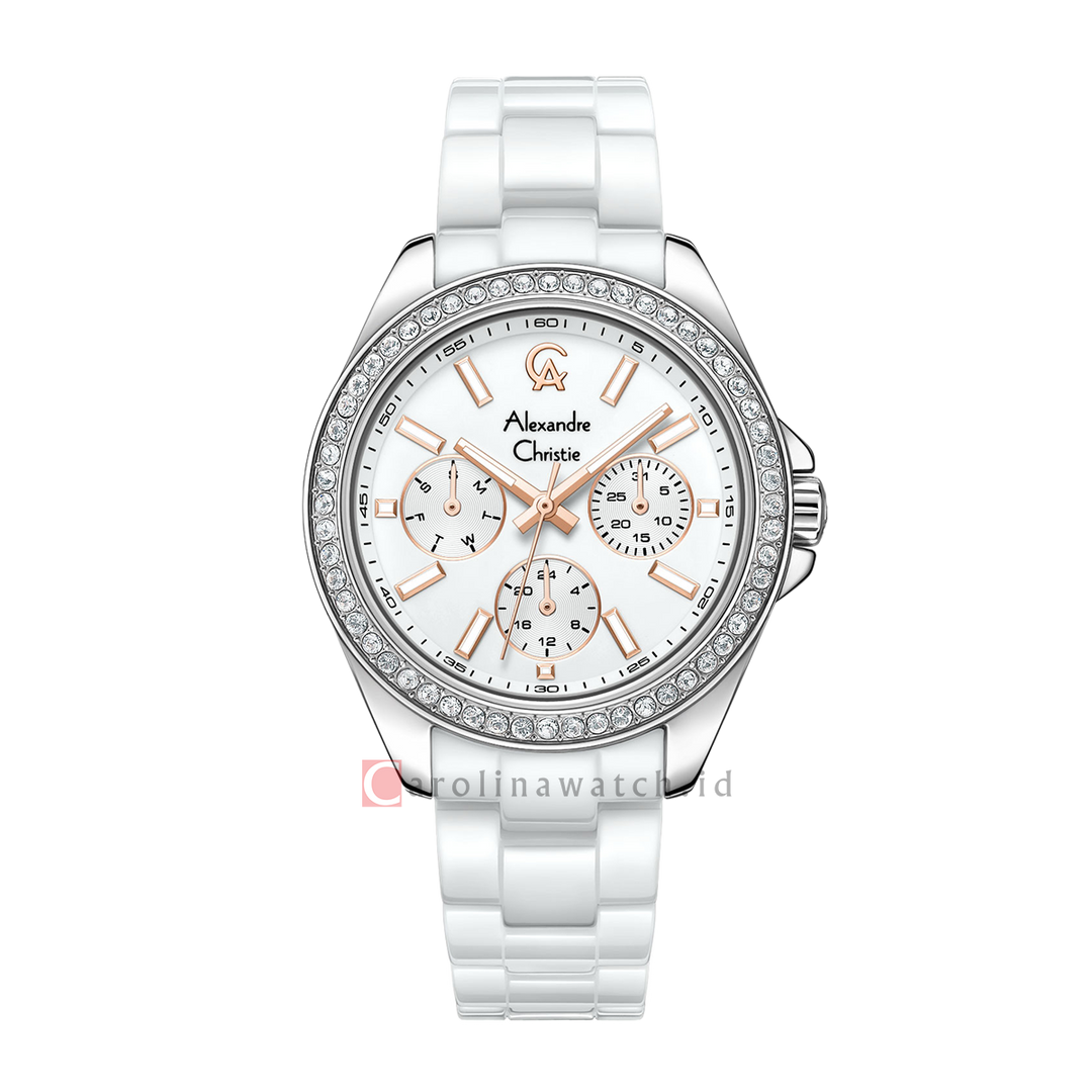 Jam Tangan Alexandre Christie Multifunction AC 2A74 BFBSSSLRG Women White Dial White Ceramic Strap