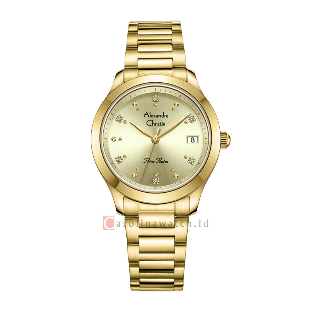 Jam Tangan Alexandre Christie Primo Passion AC 2A77 LDBGPIV Women Champagne Dial Gold Stainless Steel Strap