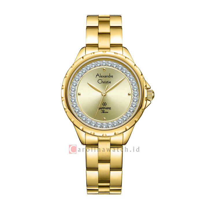 Jam Tangan Alexandre Christie Passion AC 2A81 LHBGPIV Women Shappire Gold Dial Gold Stainless Steel Strap