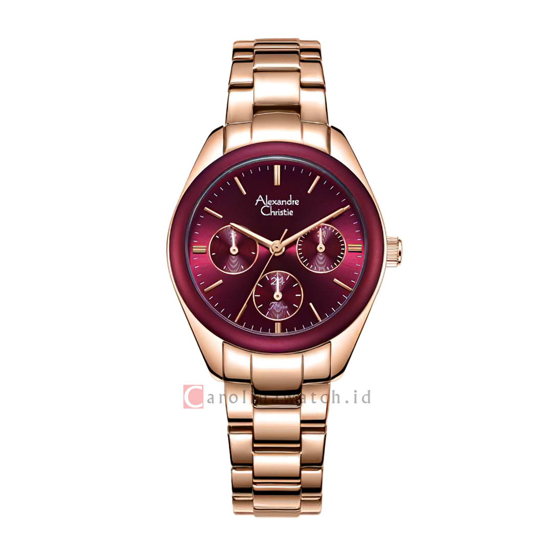 Jam Tangan Alexandre Christie Passion AC 2A85 BFBRGRE Multifunction Women Maroon Red Dial Rose Gold Stainless Steel Strap