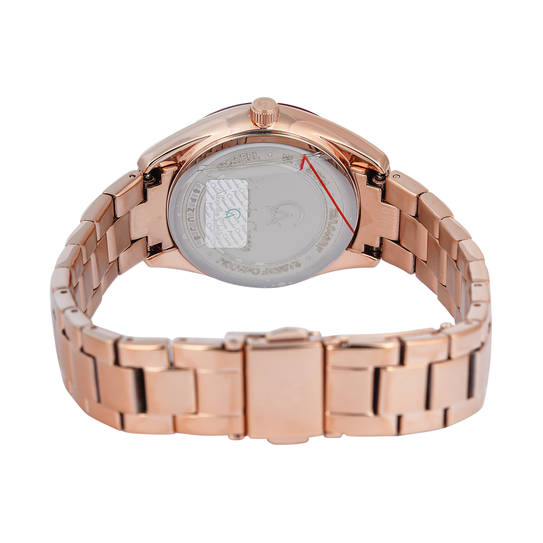 Jam Tangan Alexandre Christie Passion AC 2A85 BFBRGRE Multifunction Women Maroon Red Dial Rose Gold Stainless Steel Strap