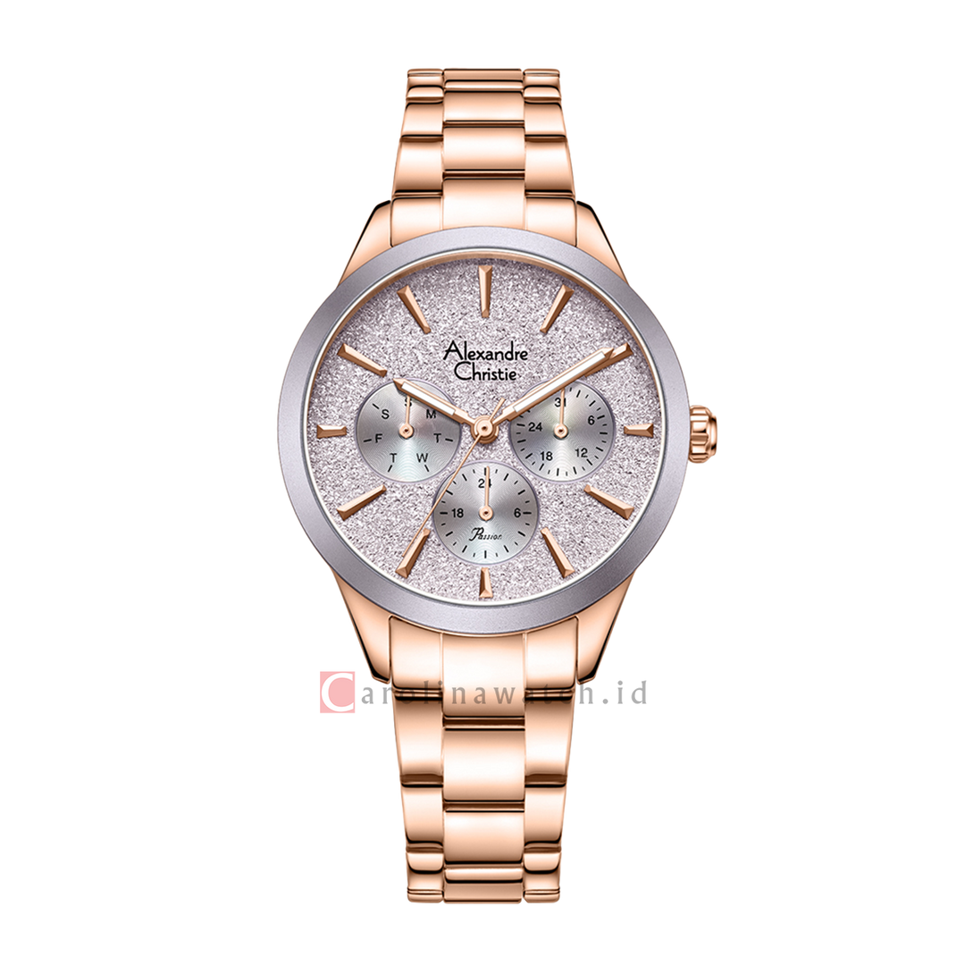 Jam Tangan Alexandre Christie Passion AC 2A91 BFBRGPU Dawn Women Light Purple Glitter Dial Rose Gold Stainless Steel Strap