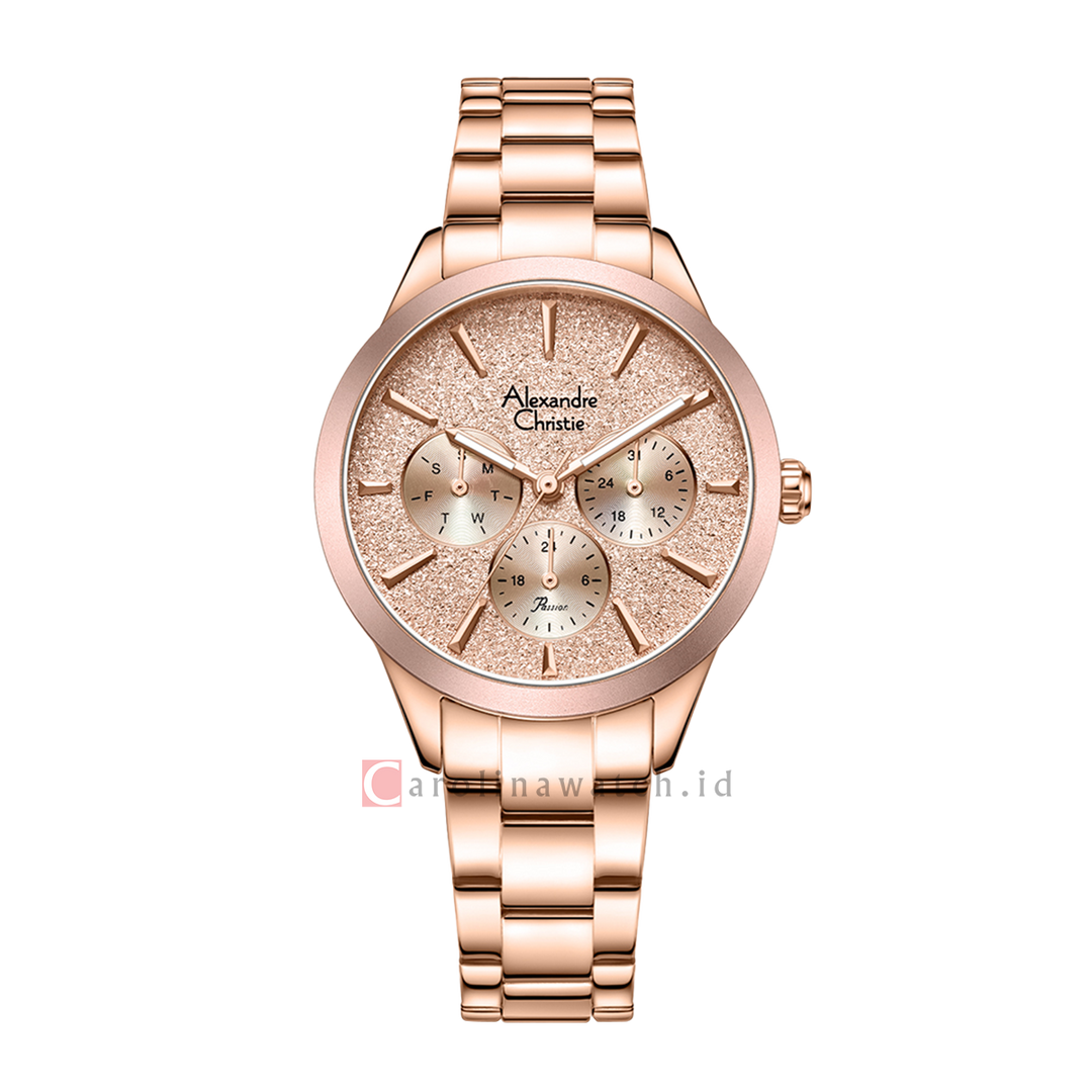 Jam Tangan Alexandre Christie Passion AC 2A91 BFBRGPN Dawn Women Pink Glitter Dial Rose Gold Stainless Steel Strap