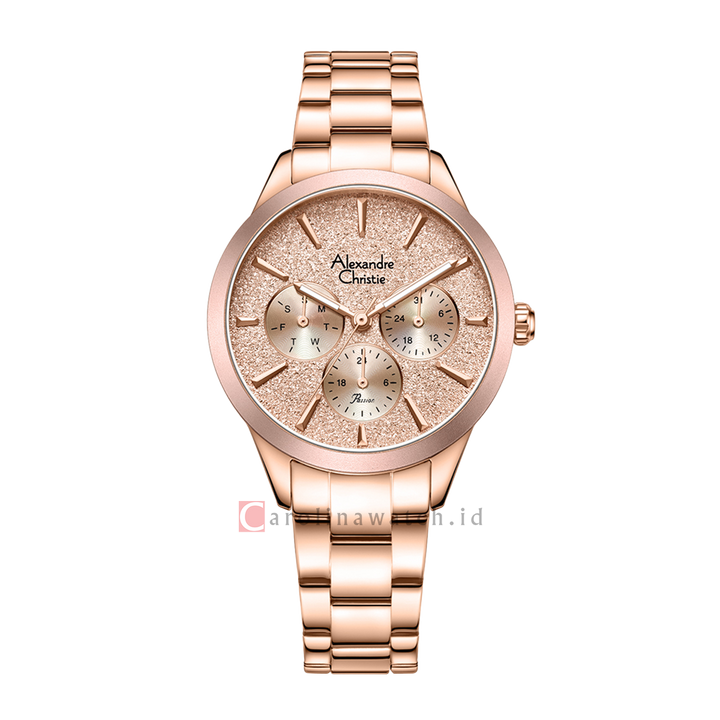 Jam Tangan Alexandre Christie Passion AC 2A91 BFBRGPN Dawn Women Pink Glitter Dial Rose Gold Stainless Steel Strap