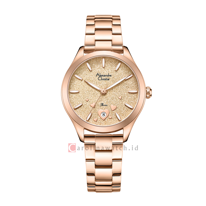 Jam Tangan Alexandre Christie Passion AC 2A93 LDBRGRG Dawn Women Rose Gold Glitter Dial Rose Gold Stainless Steel Strap