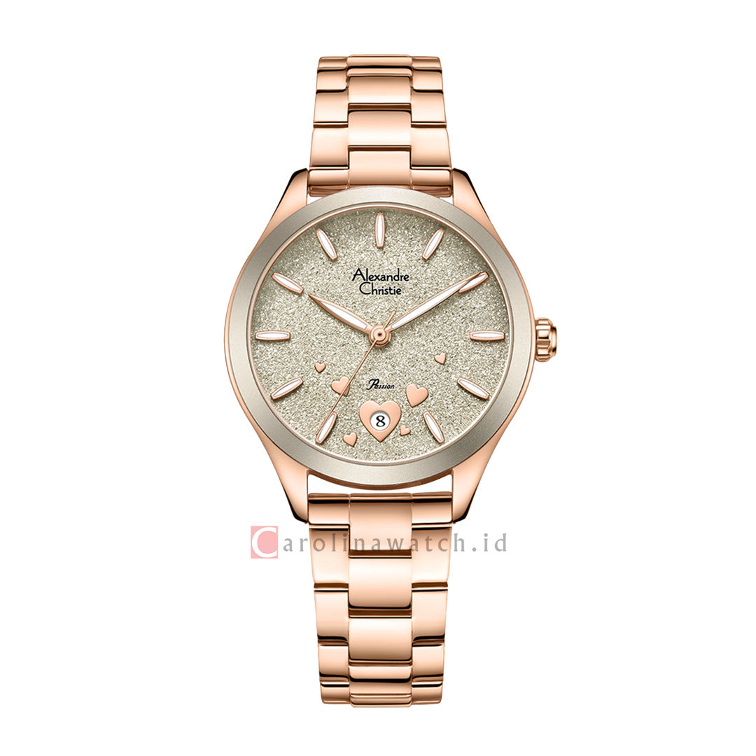 Jam Tangan Alexandre Christie Passion AC 2A93 LDBRGLG Dawn Women Light Grey Glitter Dial Rose Gold Stainless Steel Strap